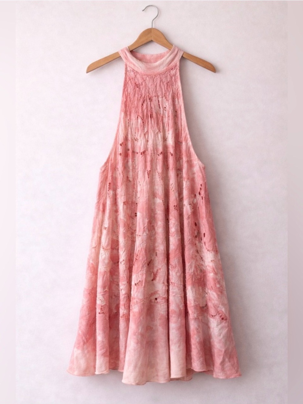 Free People Boho Festival Pink Halter Eyelet Linen Swing Dress